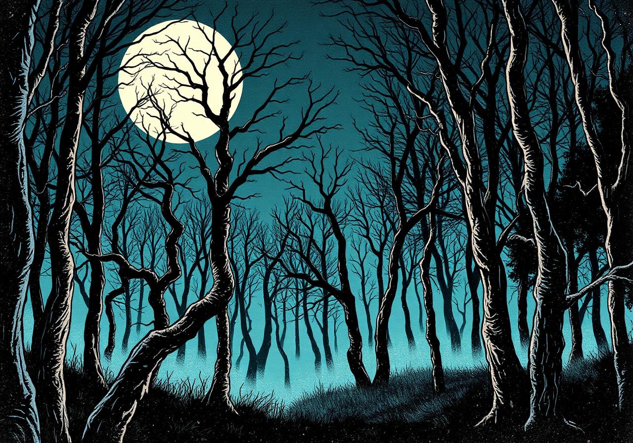 Eerie foggy forest at night under a pale moon