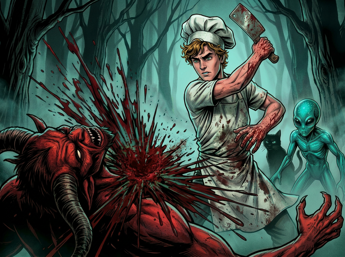 Climactic final blow on the devil with cleaver and plasma beam