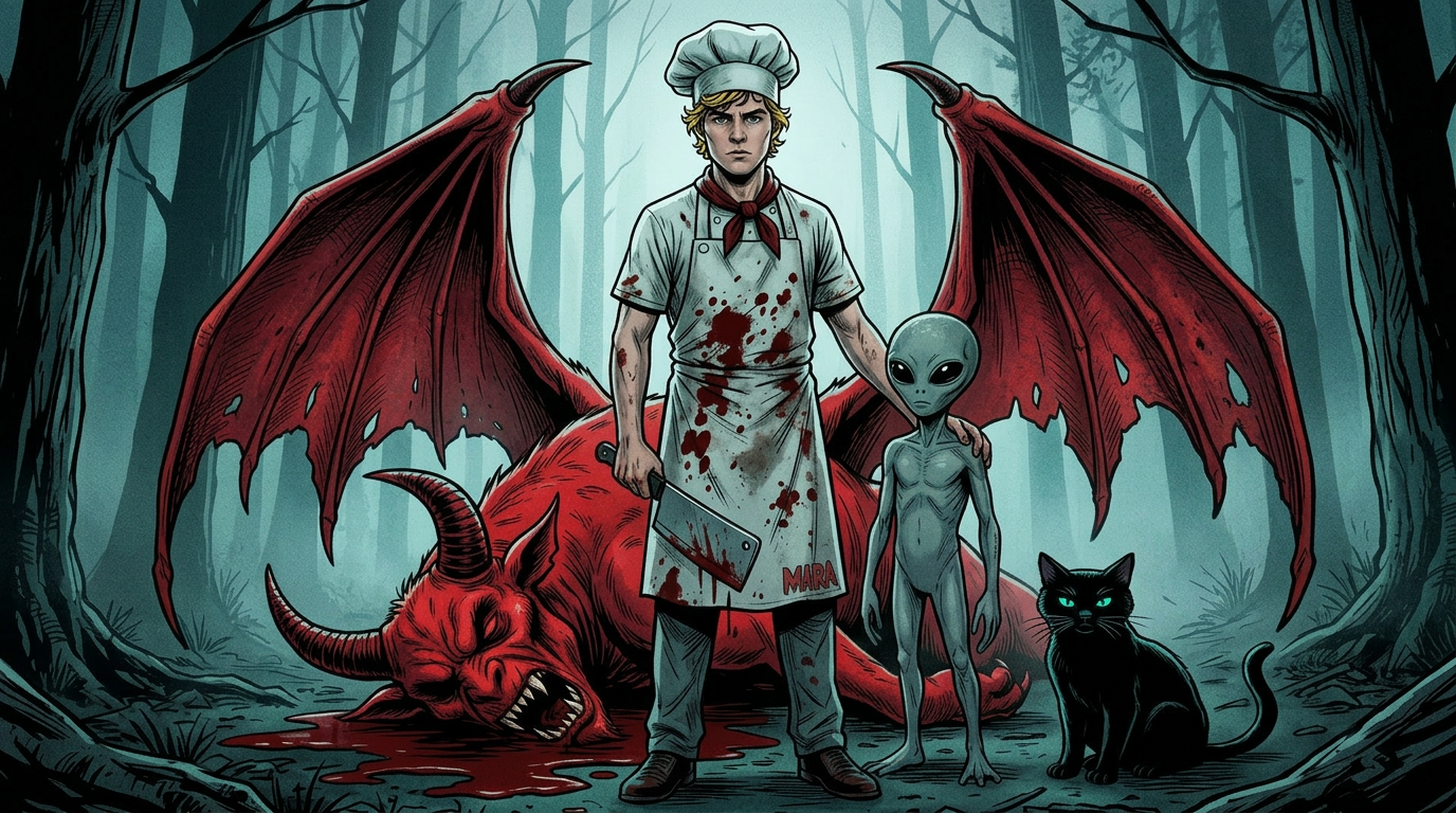 Chef, cat, and alien standing triumphantly over the slain devil