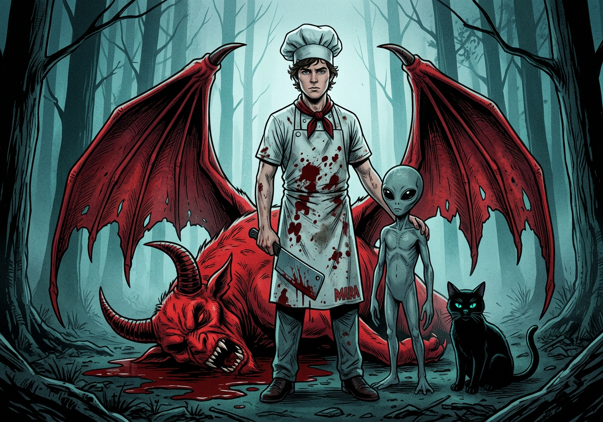 Chef, cat, and alien standing triumphantly over the slain devil