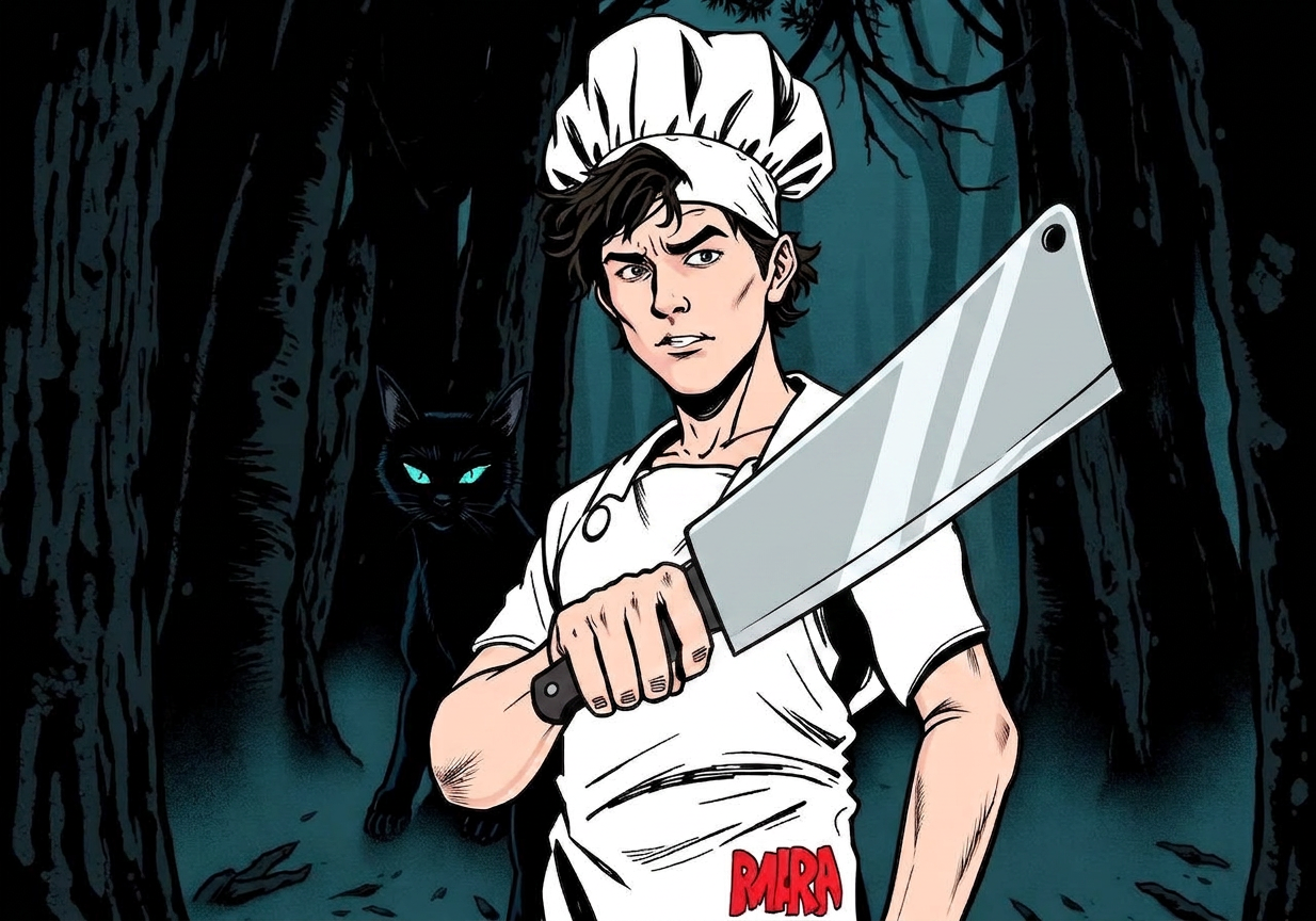 Young chef with cleaver and black cat with glowing eyes emerging from shadows