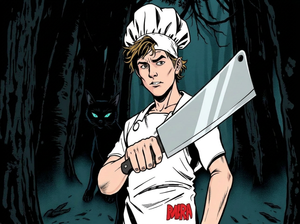 Young chef with cleaver and black cat with glowing eyes emerging from shadows