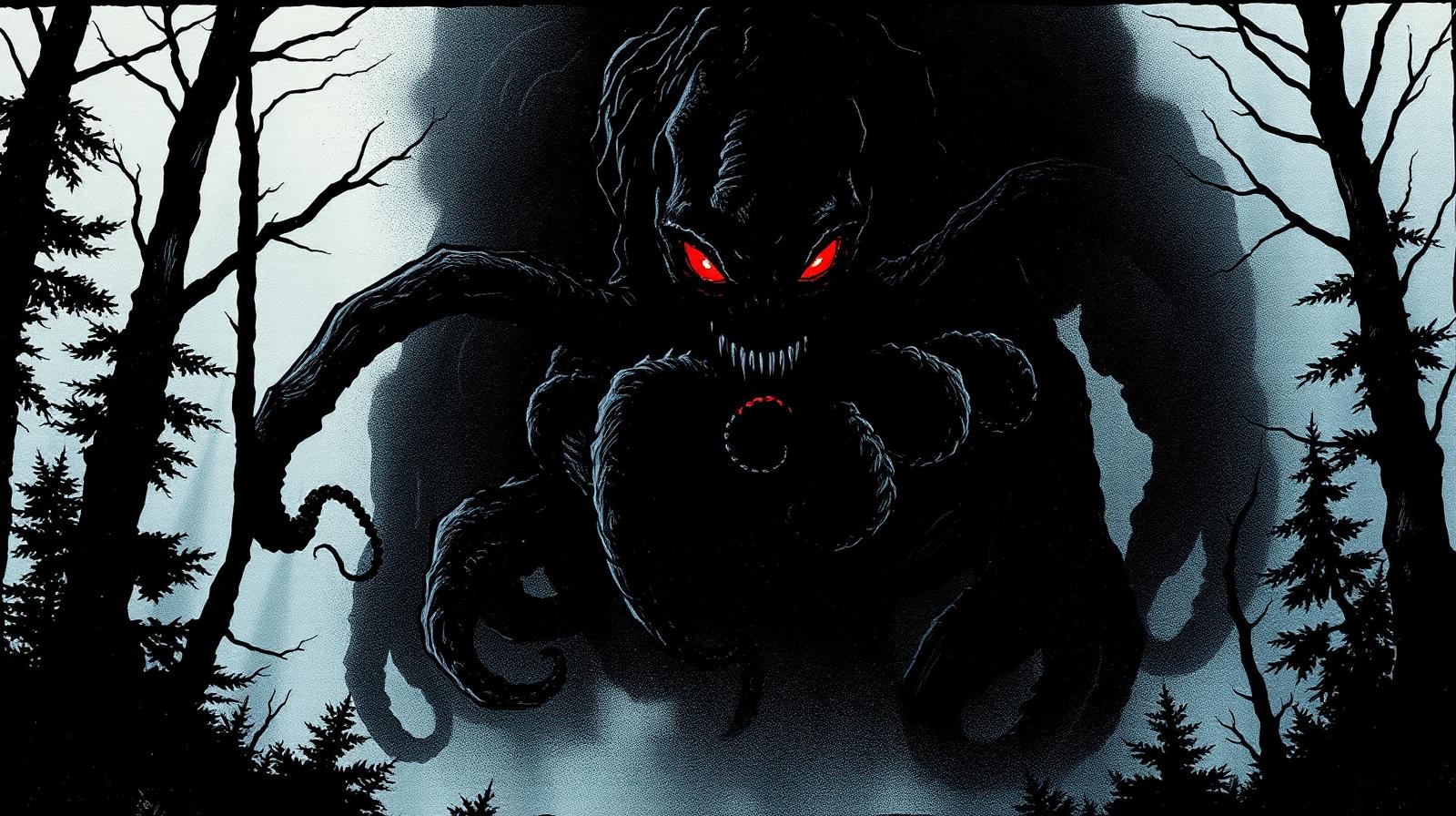 Massive shadow monster with tentacles and glowing red eyes