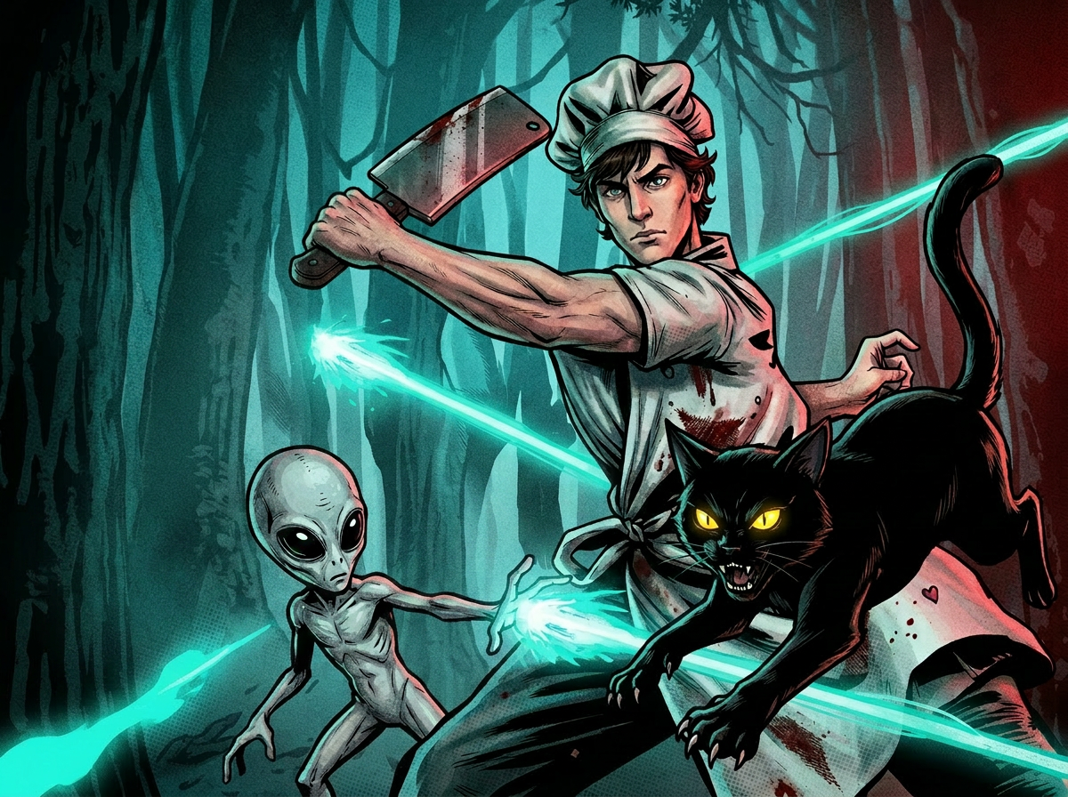 Young chef swings cleaver, cat leaps with claws