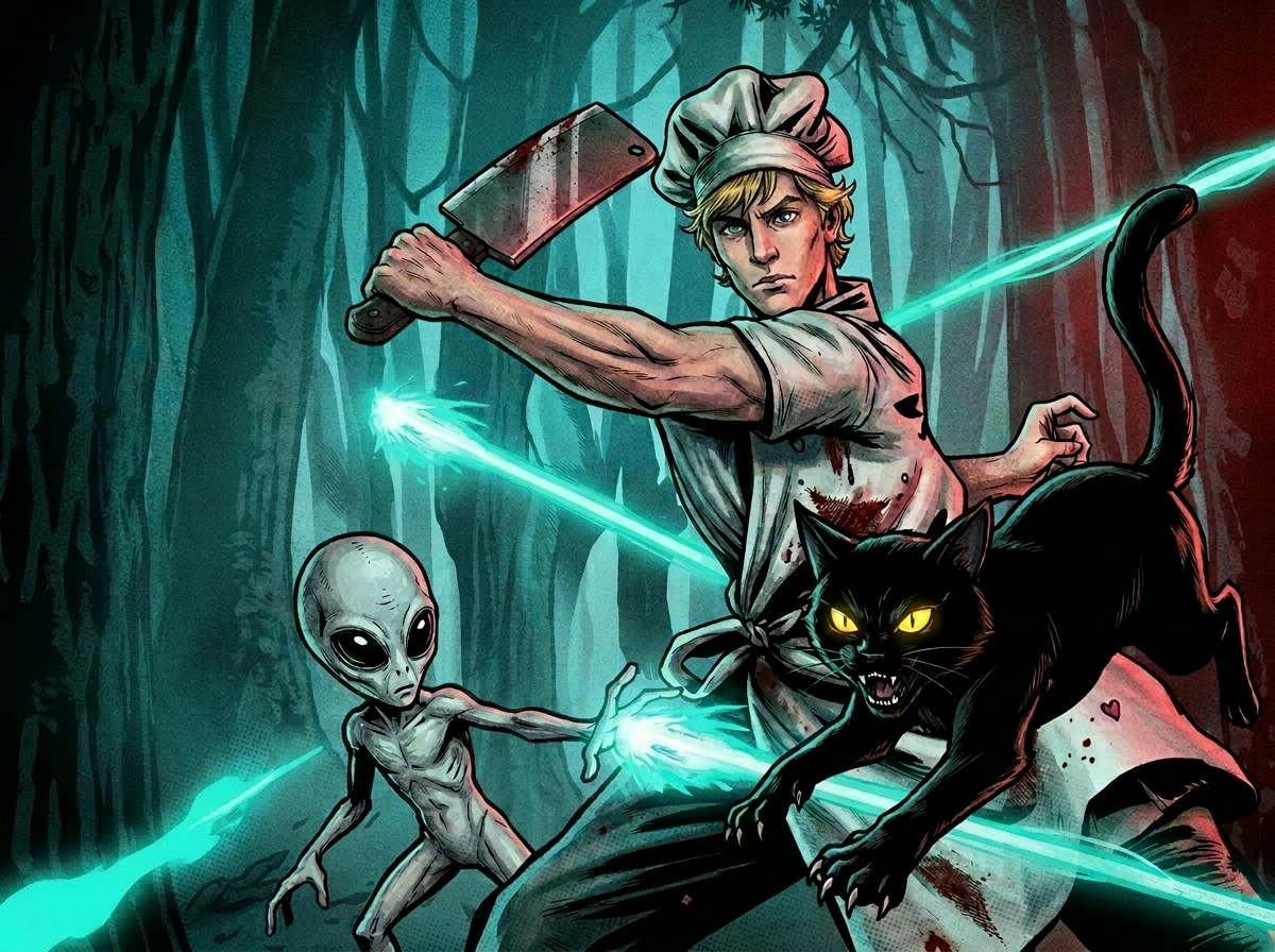 Young chef swings cleaver, cat leaps with claws