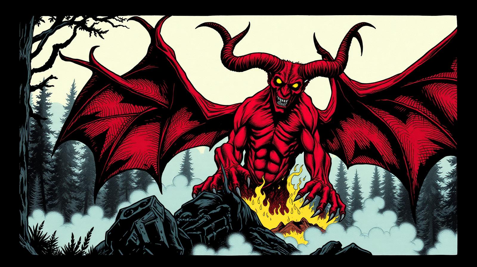 Massive horned red devil rises from the slain monster