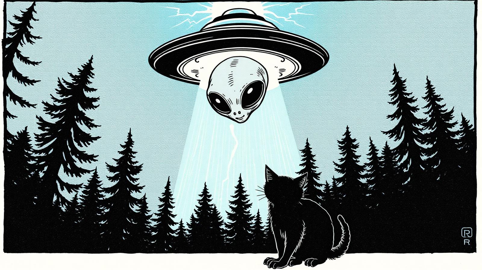 A small gray alien descends in a teal light beam from a UFO