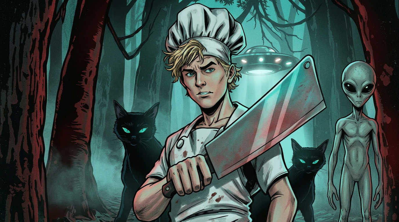 Young chef, black cat, and gray alien standing side by side as heroes
