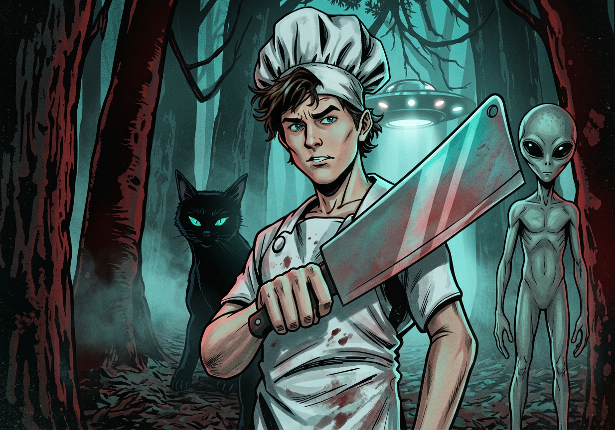 Young chef, black cat, and gray alien standing side by side as heroes