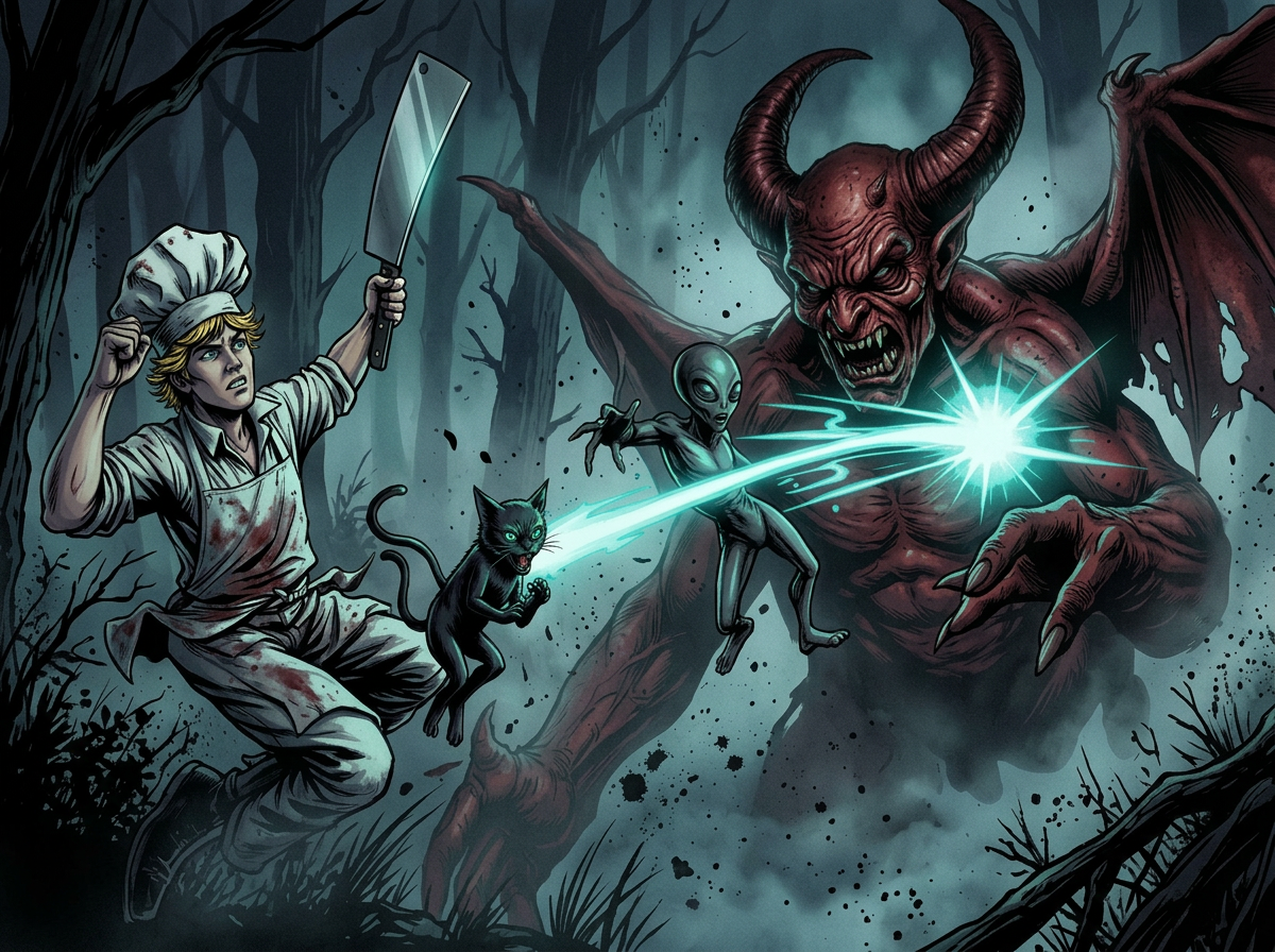Chef cleaver, cat claws, and alien plasma beam striking the devil together