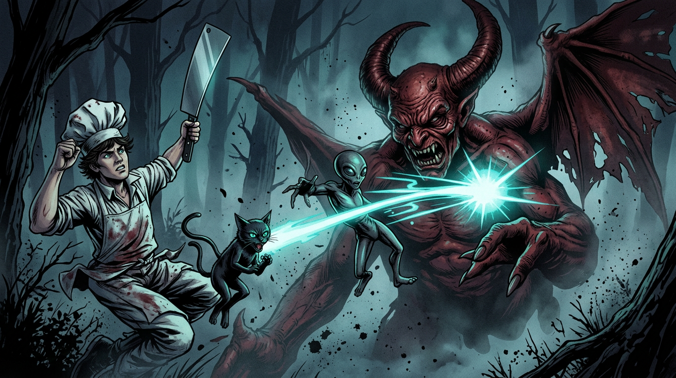 Chef cleaver, cat claws, and alien plasma beam striking the devil together